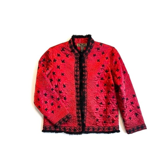Vtg Red Satin Quilted Jacket Blk Trim L Maximalist Retro Glam Holiday Statement - Picture 2 of 12